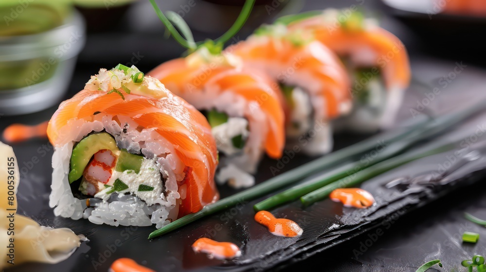 salmon sushi with avocado, scallion and mushrooms on a black plate, very professional presentation salmon sushi with avocado, scallion and mushrooms on a black plate, very professional presentation