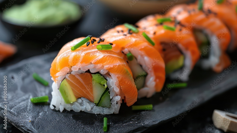 salmon sushi with avocado, scallion and mushrooms on a black plate, very professional presentation salmon sushi with avocado, scallion and mushrooms on a black plate, very professional presentation