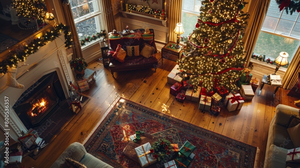Cozy Christmas Living Room, Festive Tree and Fireplace
