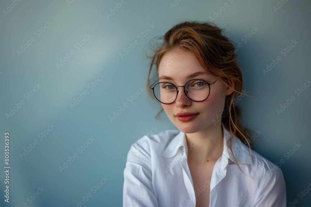 Attractive Young woman using eyeglasses wearing a white shirt looking at the camera Attractive Young woman using eyeglasses wearing a white shirt looking at the camera