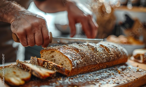 Man slicing freshly baked bread.