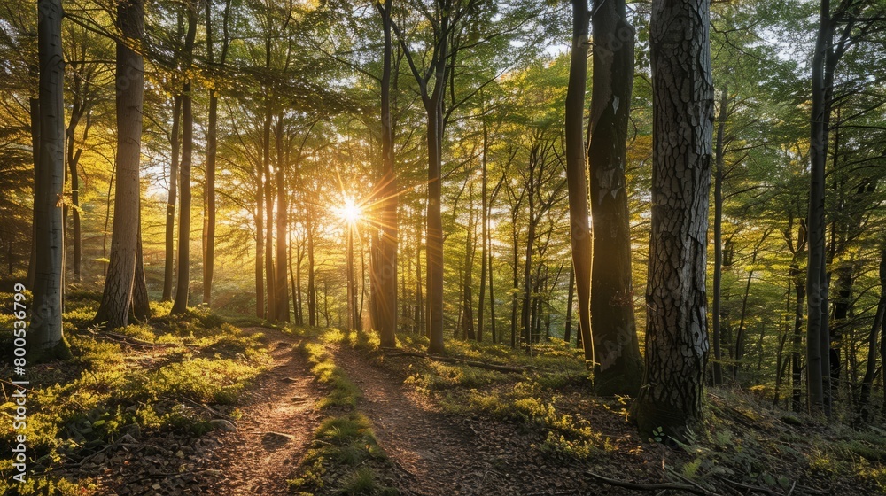 Golden Light Filtering Through a Lush Woodland Trail