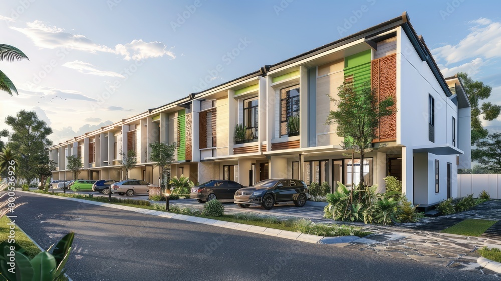 modern minimalist townhouses, featuring three stories and gable roofs, with grey bodywork accented by white trim, embodying a sleek and sophisticated urban living aesthetic.
