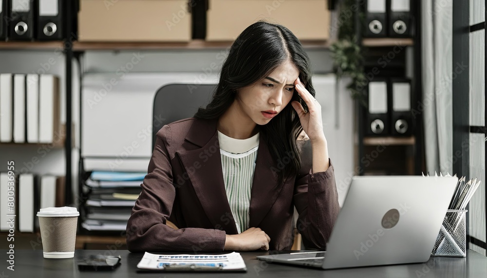Woman feeling stress and headache while working on laptop at home office. 