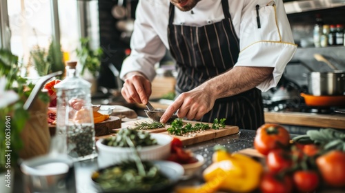 Culinary Artist Meticulously Chopping Herbs for Gourmet Dish