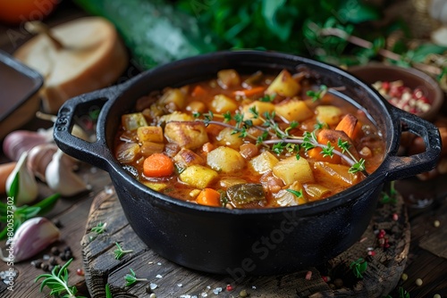 Hearty vegetable stew full of potatoes, carrots, and herbs, simmering in a cast iron pot, embodies the essence of homemade comfort food. 