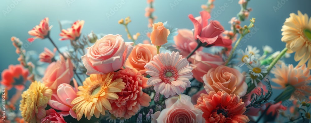 Bunch of fresh blooming flowers placed on table against gray background. Generative AI Bunch of fresh blooming flowers placed on table against gray background. Generative AI