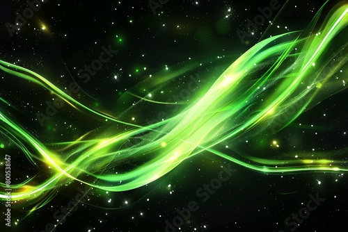 Neon Green Light Streaks: Glowing Abstract Sparkling Background on Black Canvas