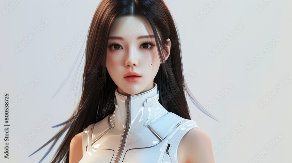 Digital artwork of a lifelike female android with a sleek hairstyle and high-tech clothing, exuding sophistication Digital artwork of a lifelike female android with a sleek hairstyle and high-tech clothing, exuding sophistication