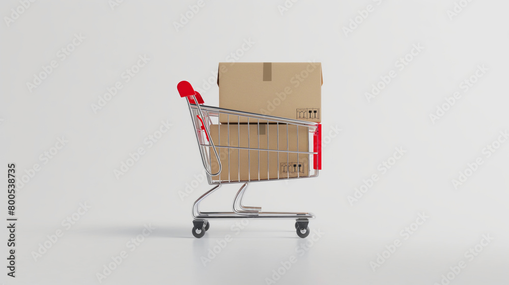 Stark image of a shopping cart with cardboard boxes suggesting themes of retail and e-commerce