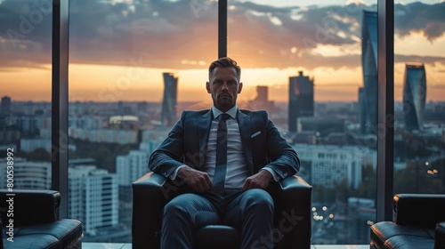 A businessman with a serious expression oversees a cityscape at dusk, exuding power and contemplation photo