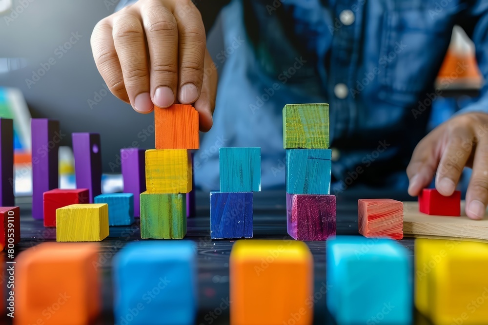 A person is stacking blocks of different colors. A person is stacking blocks of different colors.