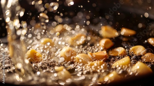 A close-up of garlic cloves frying in hot oil, releasing their irresistible aroma as they become golden and crispy.
