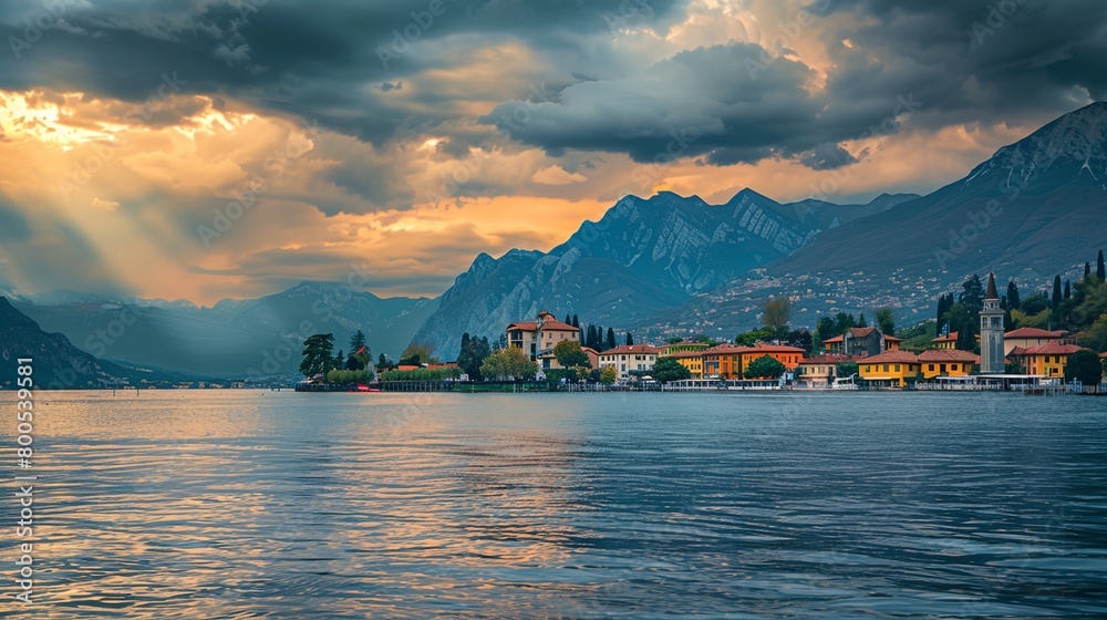 a lake with a mountain range in the background and a town on the shore with a church on it..