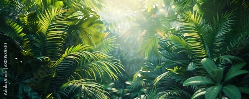 Tropical Jungle Background. Atmospheric Wallpaper with Lush  Tropical Vegetation.