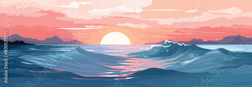 Sunset Illustration, Serene Ocean Sunset with Vibrant Skies and Reflective Waters, Digital Wallpaper, Pink and Blue Hued Seascape with Sun Setting on the Horizon