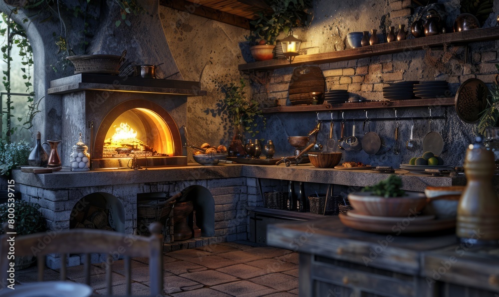 Traditional Italian kitchen with stone oven and lit fire. Likely to be cooking pizza soon. Generative AI. Traditional Italian kitchen with stone oven and lit fire. Likely to be cooking pizza soon. Generative AI.
