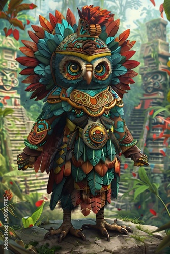 An Anthropomorphic owl adorned in vibrant Aztec illustration