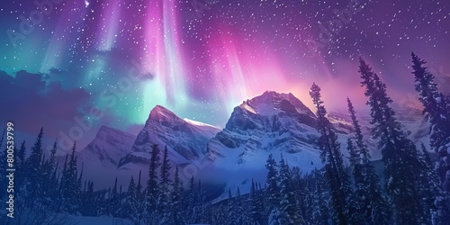 Amazing view of northern lights over snowy mountains and trees in sky