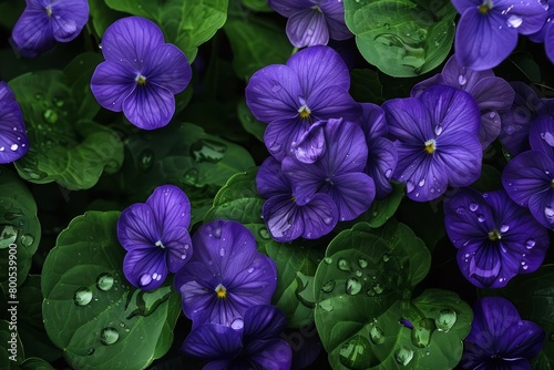 Violets peek shyly from under their green leafy umbrellas  small yet striking with their deep blue and purple shades  kawaii water color