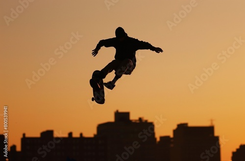 AI generated illustration of a m,an on skateboard silhouette in mid-air