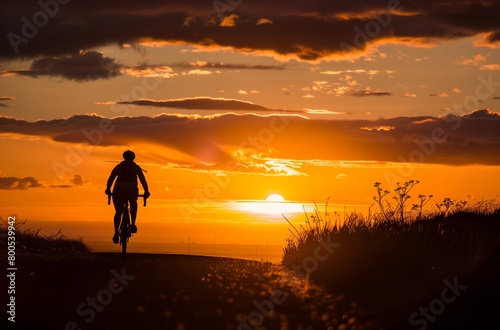 AI generated illustration of a silhouette of a man with a bicycle on a road at sunset
