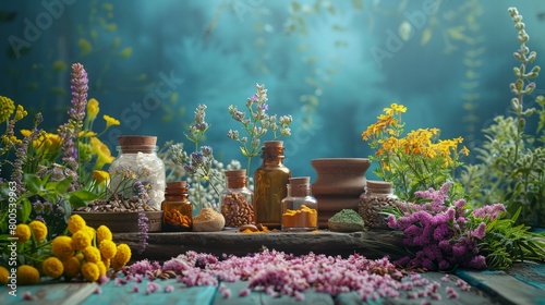 a table with flowers and jars on it and a blue background photo