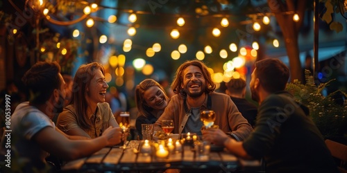 group of joyful friends enjoying an evening together at an outdoor cafe laughing and sharing a lighthearted moment