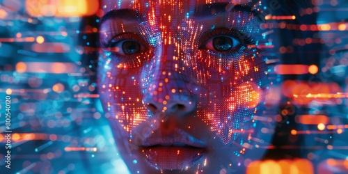 human face composed of vibrant and mosaic-like digital pixels, set against a backdrop of glowing digital data streams