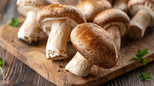 A close-up of porcini mushrooms arranged on a wooden cutting board, their distinctive caps and gills showcased in detail.