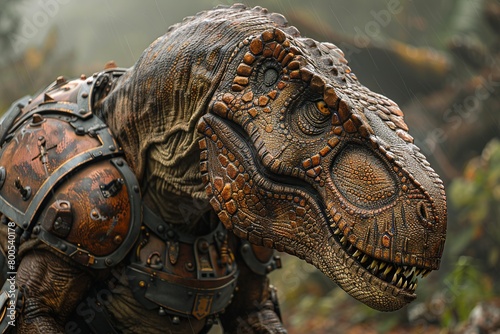 Photograph of a fearsome Tyrannosaurus Rex equipped with intricate armor, showcasing the fusion of ancient strength and futuristic technology © Roberto