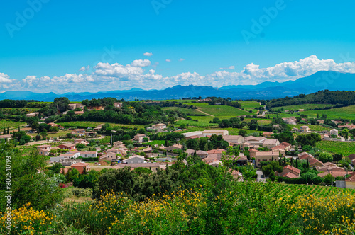 Panoramic aerial view of famous wine making village of Chateauneuf-du-Pape near Avignon, Provence-Alpes-Cote d'Azur, France. Vineyard can be seen on the horizon. Rural area with medieval buildings