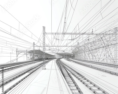 Complex mesh wireframe of a railway network, including stations and junctions