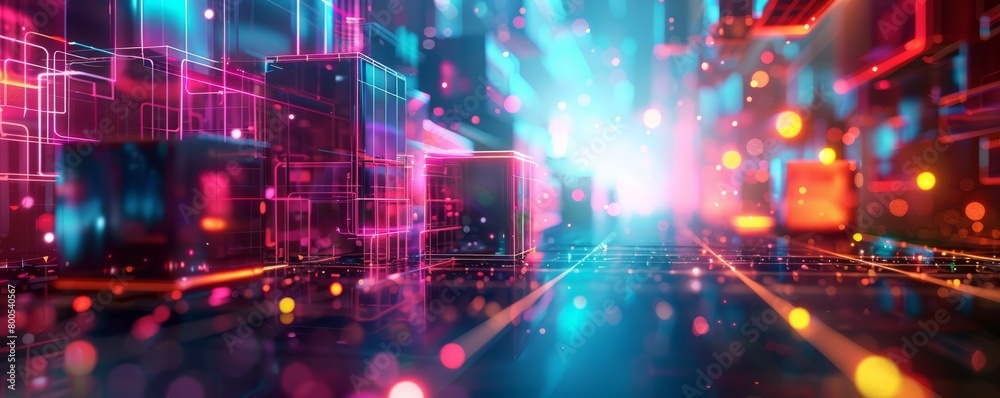 abstract illustration of geometric shapes and structures in colorful neon colors and lights in cyberspace against dark background abstract illustration of geometric shapes and structures in colorful neon colors and lights in cyberspace against dark background