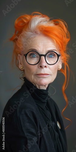 Portrait of a sixty year old woman looking at camera with orange painted hair and modern glasses dressed in elegant and modern