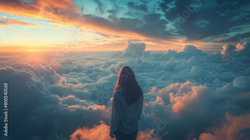 a woman standing on a hill above the clouds at sunset