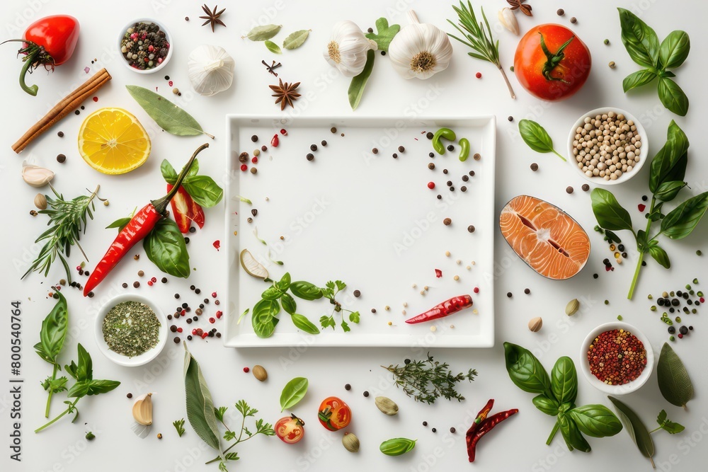 vegetables and spices with a white frame, nice setting with a white marble background vegetables and spices with a white frame, nice setting with a white marble background