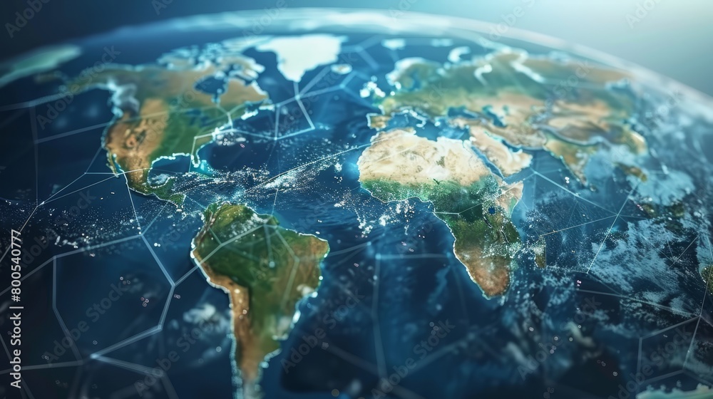 Fototapeta premium A detailed Earth view with intricate lines and dot patterns superimposed over the midground, the globe in the backdrop