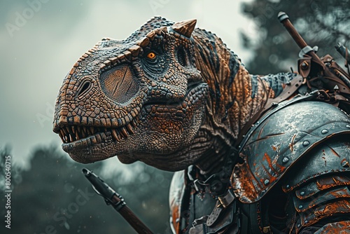 Photograph of a fearsome Tyrannosaurus Rex equipped with intricate armor  showcasing the fusion of ancient strength and futuristic technology