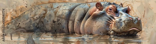 A hippopotamus lounges in muddy waters, its massive form a gentle giant beneath the surface, kawaii water color