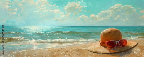 A peaceful beach scene, featuring a sun hat, sunglasses