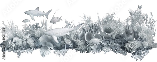 Detailed mesh wireframe of a coral reef, including various species of coral and fish