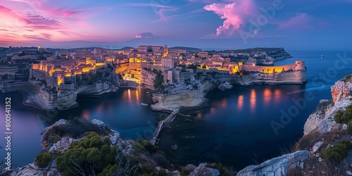 Twilight descends on Bonifacio as the illuminated citadel and harbor of Corsica, France, shine against the night sky, surrounded by the rugged coastline