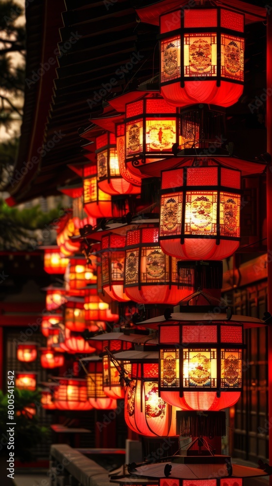 Illuminated Japanese red festival lanterns