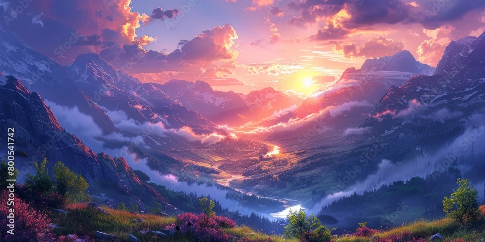 Sunrise over a mountain valley with river