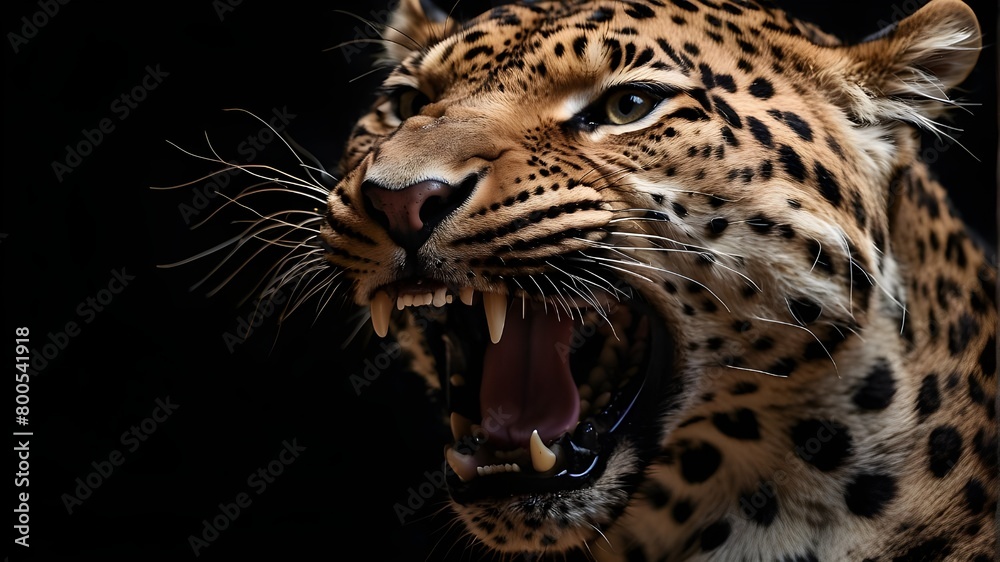 Fototapeta premium 4K Wallpaper: Close-up of a leopard's mouth against a black background