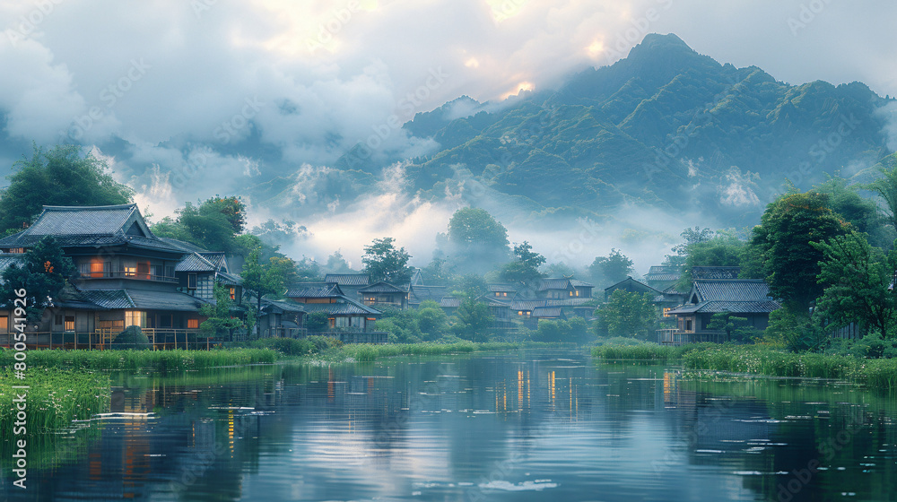 Fototapeta premium Illustration exploring the serene beauty of Japan landscapes