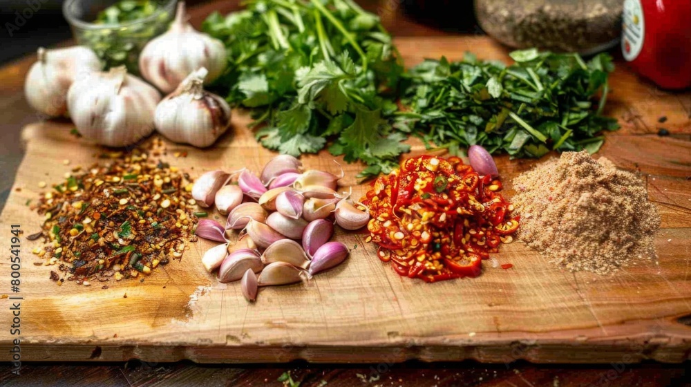 A colorful array of Thai spices and herbs, including garlic, arranged on a wooden cutting board, ready for culinary exploration. A colorful array of Thai spices and herbs, including garlic, arranged on a wooden cutting board, ready for culinary exploration.