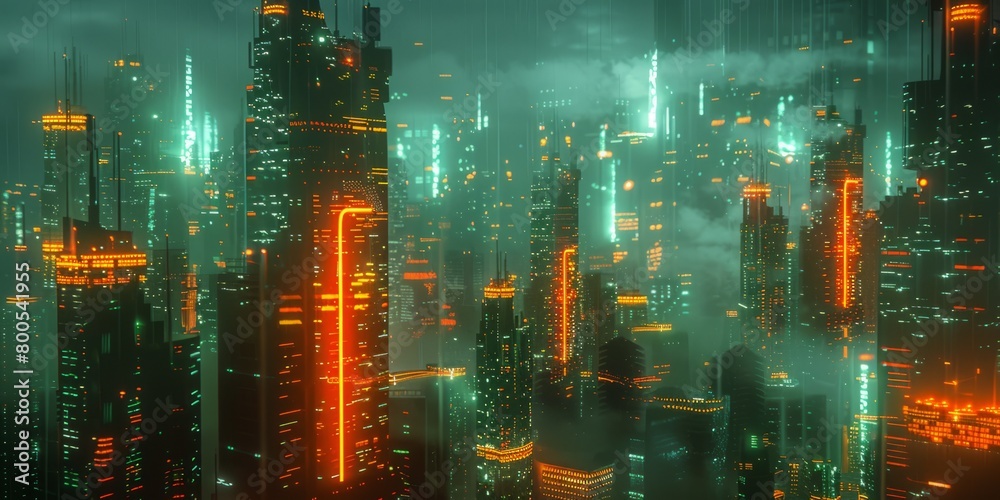 Sci-fi Cityscape with Orange and Green Neon lights. Night scene with Visionary Skyscrapers