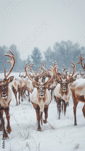 Photography Reindeer running in snowy field under sky